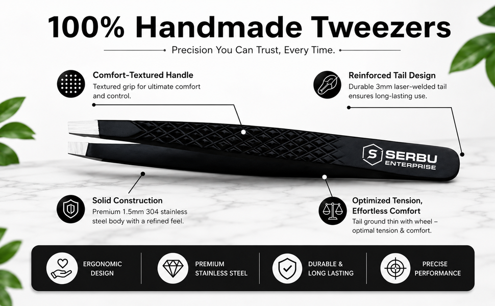 Slant Tip Tweezers – Precision Eyebrow Hair Remover, Stainless Steel Tweezer, Precision Tweezers for Ingrown Hair, Tweezers for Men & Women (Black)